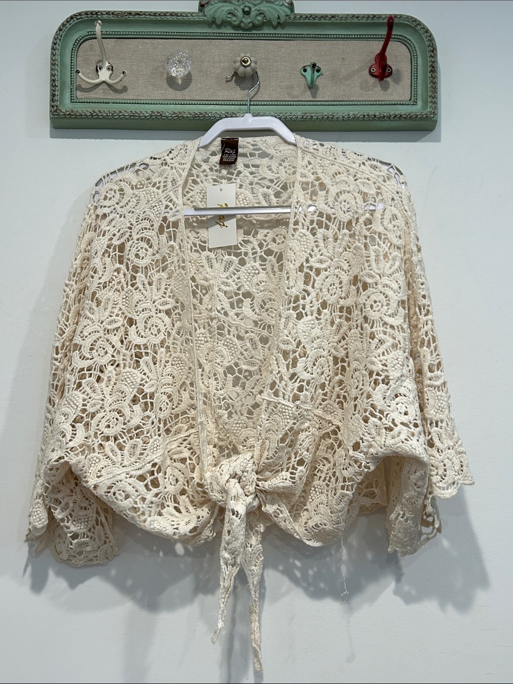 Raj Cream Bohemian Crochet Tie-Front Cardigan Sweater women’s one size new s-xl